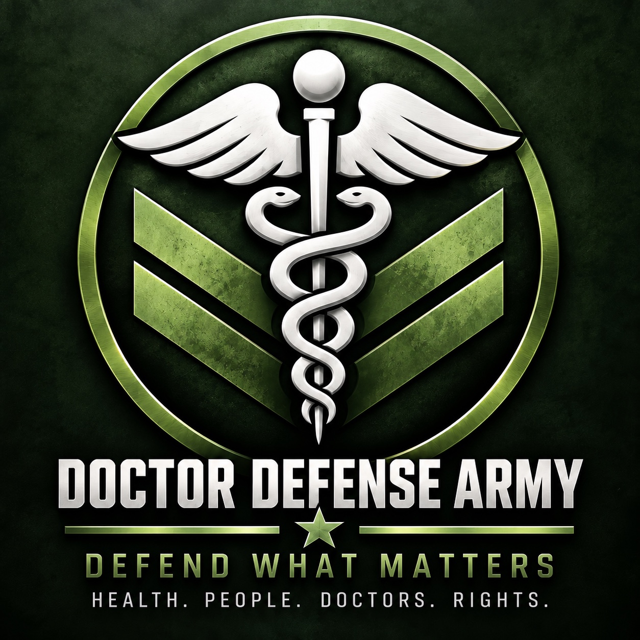 Doctor Defense Army emblem with the message Defend What Matters: Health, People, Doctors, Rights